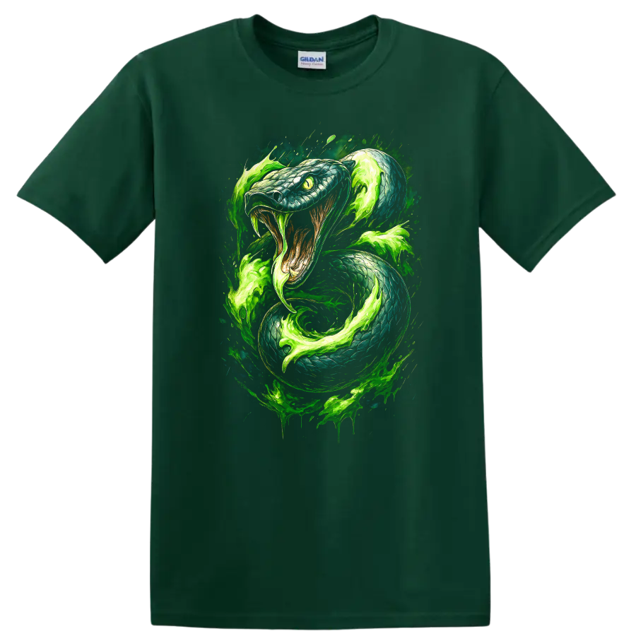 Japanese Style Neon Green Snake Art T Shirt for Bold Streetwear - Forest Green