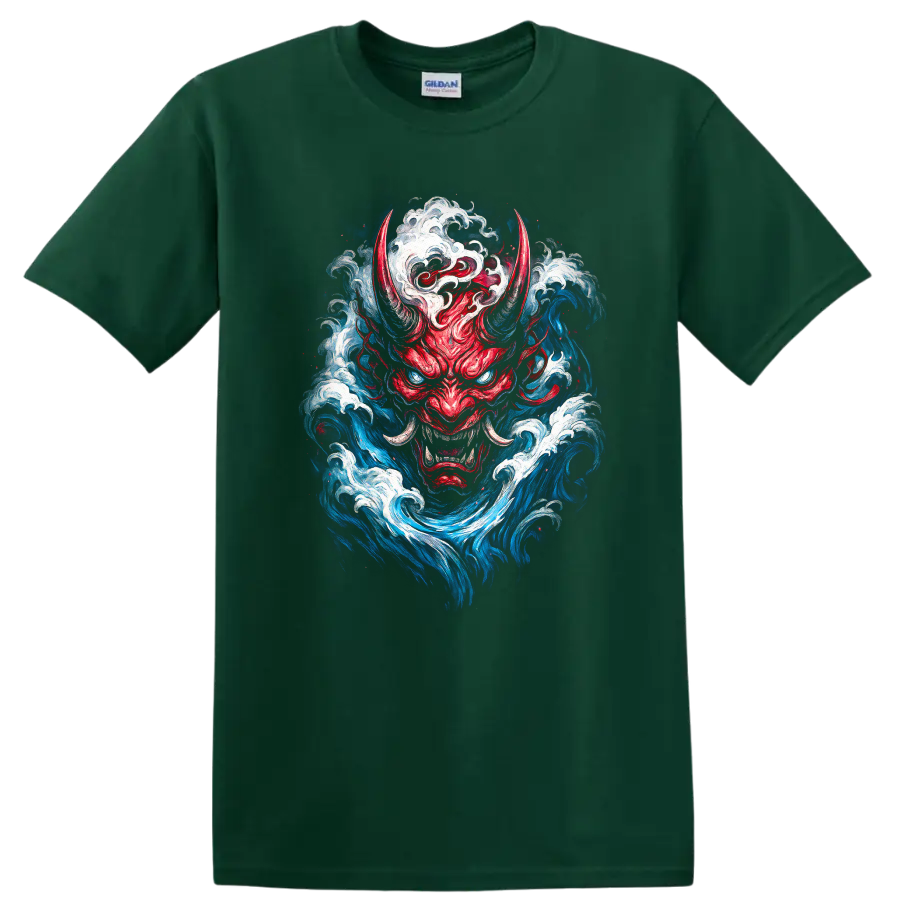 Japanese Oni Demon Mask Wave Art T Shirt For Streetwear Fans - Forest Green
