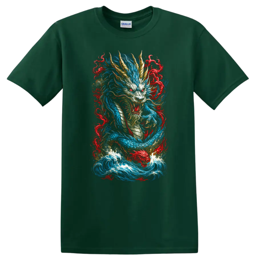 Japanese Dragon Flame Art T Shirt Blue Red Mythical Warrior Design - Forest Green