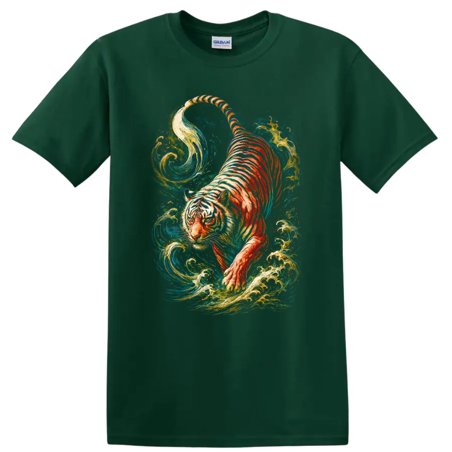 Japanese Style Tiger Art T Shirt Colorful Water Swirl Graphic - Forest Green