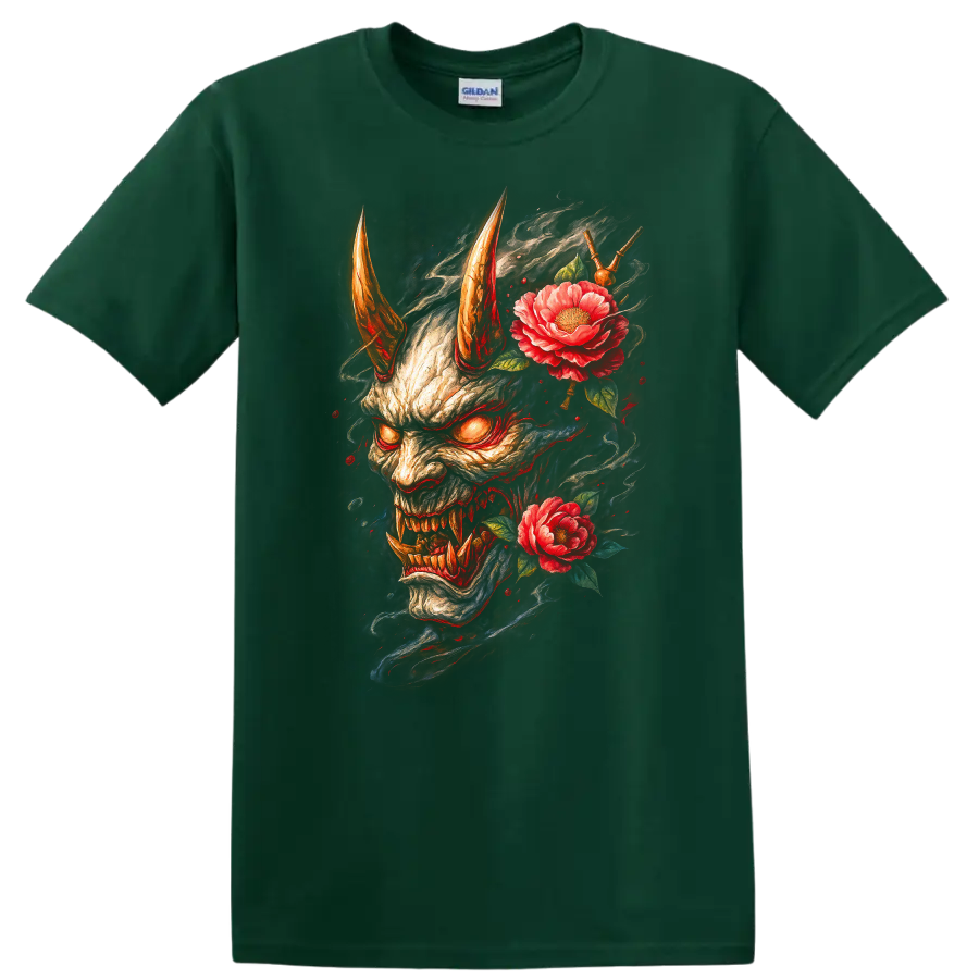 Japanese Oni Demon Mask with Flowers Dark Art T Shirt - Forest Green