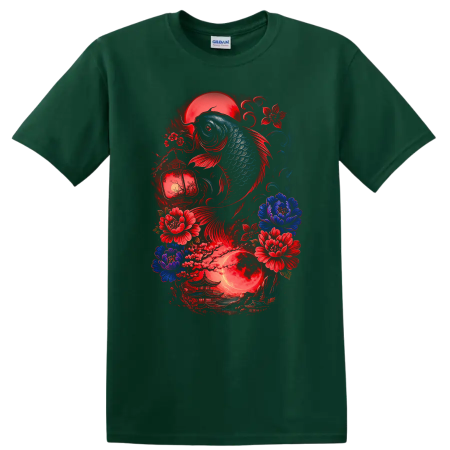Japanese Koi Fish and Moon Floral Art T Shirt for Zen Aesthetic - Forest Green