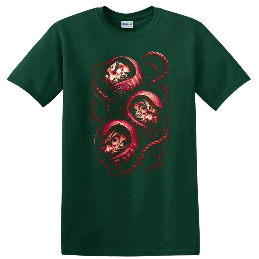 Japanese Daruma Mask Rope Graphic T Shirt for Bold Streetwear Style - Forest Green