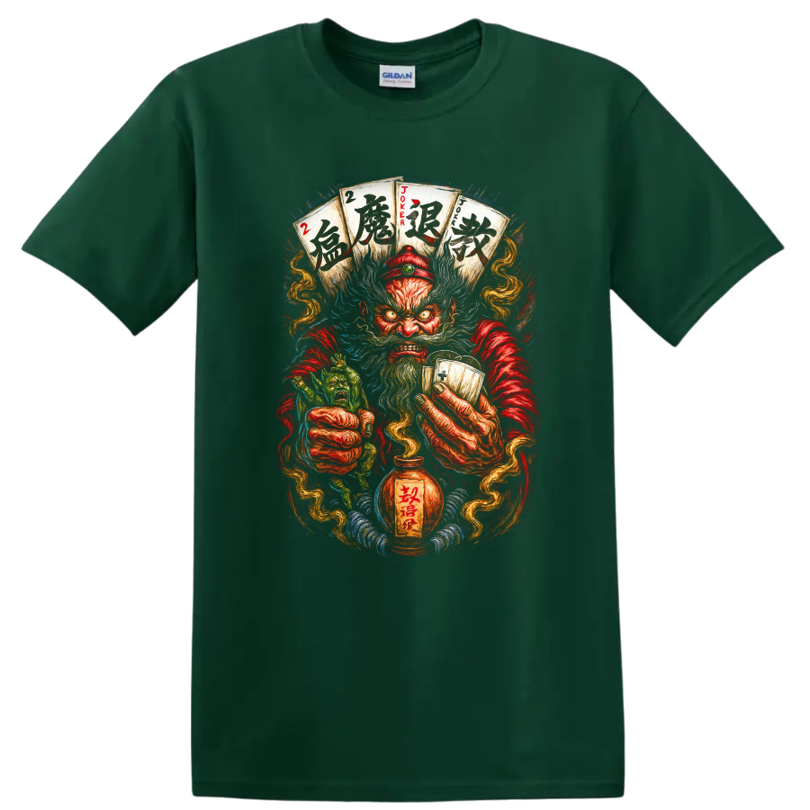 Japanese Oni Joker Card Art T Shirt for Dark Fantasy Streetwear - Forest Green