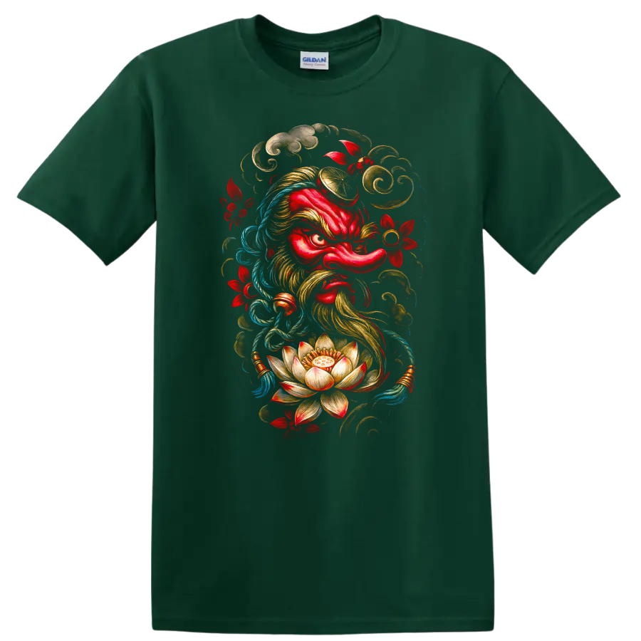 Japanese Oni Samurai Mask Lotus Floral Art T Shirt - Forest Green