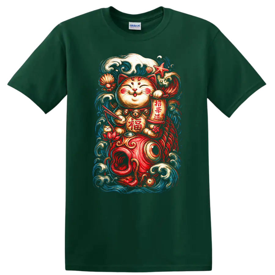 Japanese Lucky Cat Koi Waves Maneki Neko T Shirt - Forest Green
