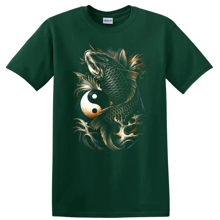 Japanese Koi Fish Yin Yang Art T Shirt for Zen Streetwear - Forest Green