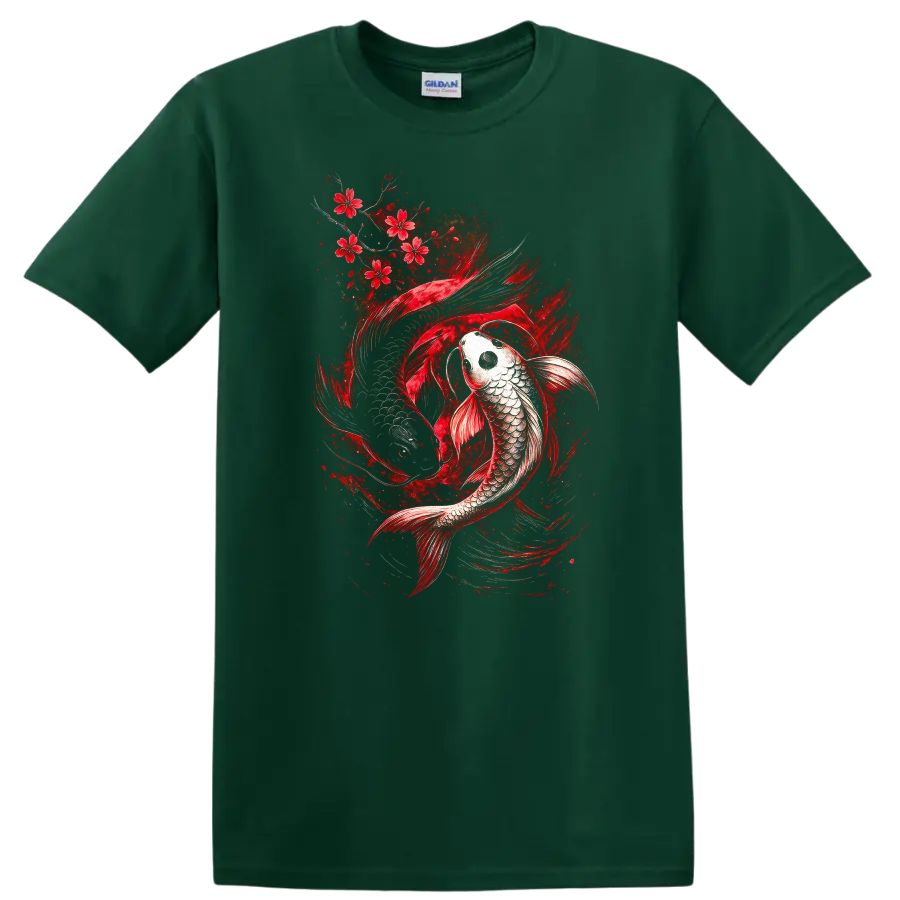 Japanese Koi Fish Red Cherry Blossom Art T Shirt for Men and Women - Forest Green