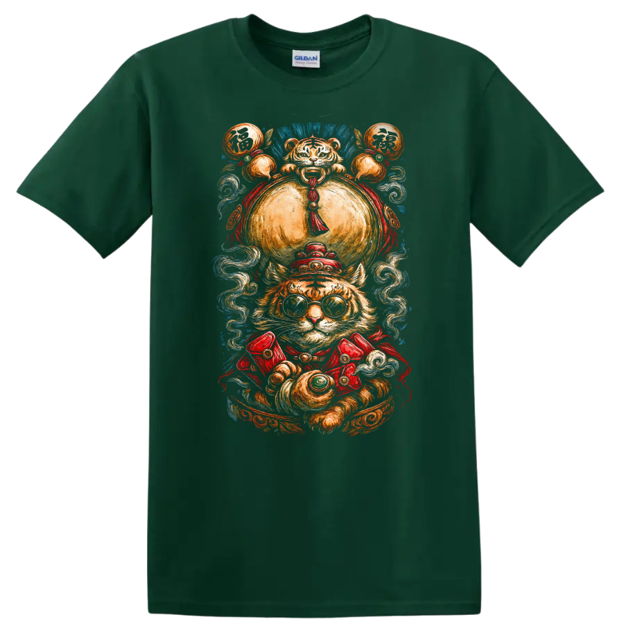 Japanese Style Lucky Tiger T Shirt with Ornate Fox Fire Festival Art - Forest Green