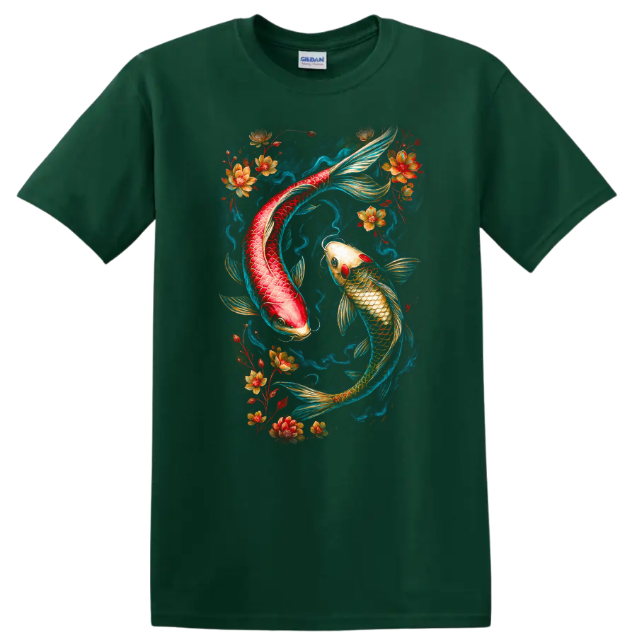 Japanese Style Koi Fish Floral Art T Shirt Vibrant Asian Tattoo Design - Forest Green