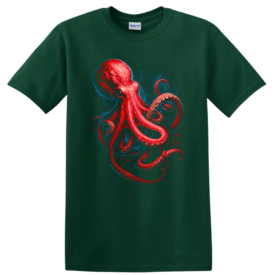 Japanese Style Red Octopus Sea Creature Art T Shirt on a Forest Green T Shirt