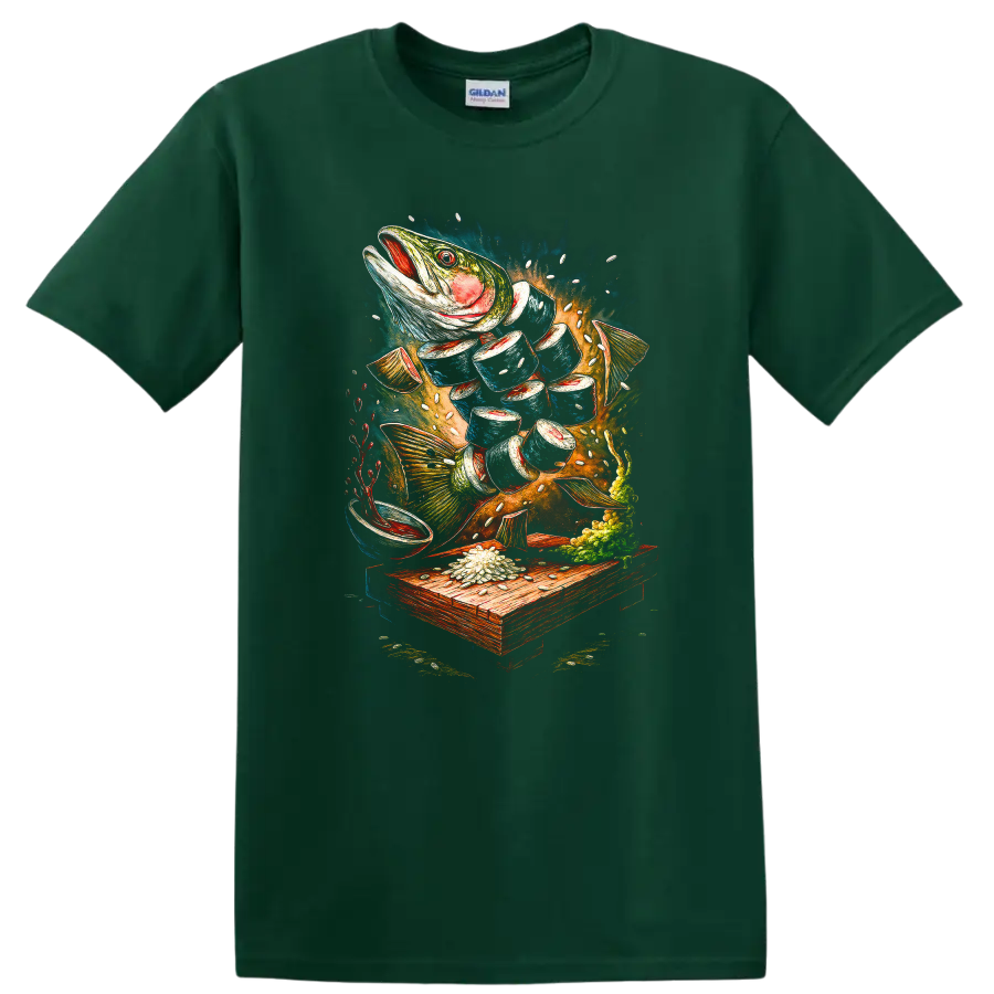 Japanese Style Fish Art T Shirt Vibrant Underwater Catch Design - Forest Green