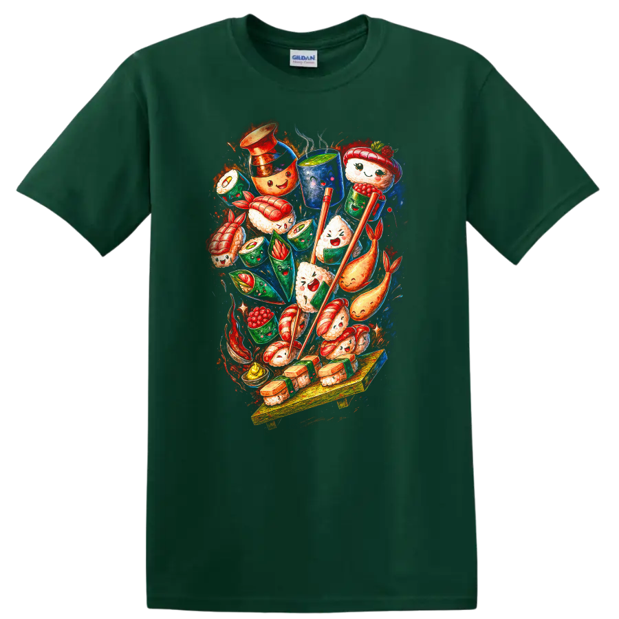 Japanese Style Sushi Art Kawaii Food Illustration T Shirt - Forest Green