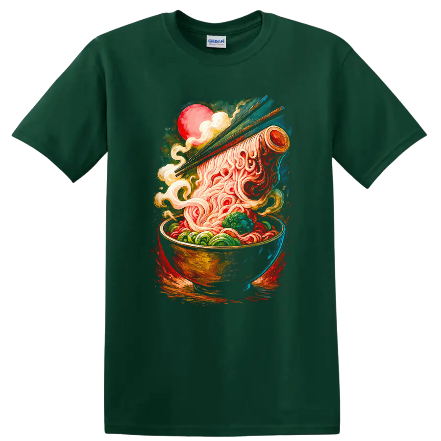 Japanese Ramen Bowl Art T Shirt Vibrant Noodle Chopsticks Design - Forest Green