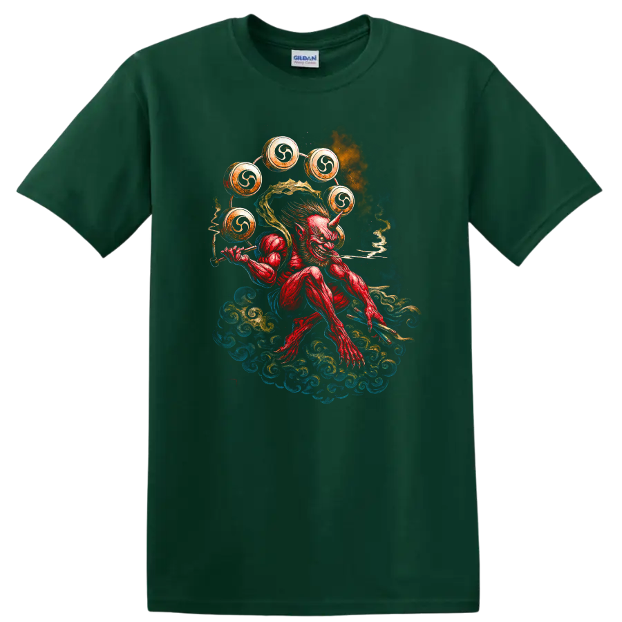 Japanese Oni Demon Drummer T Shirt Watercolor Samurai Style - Forest Green