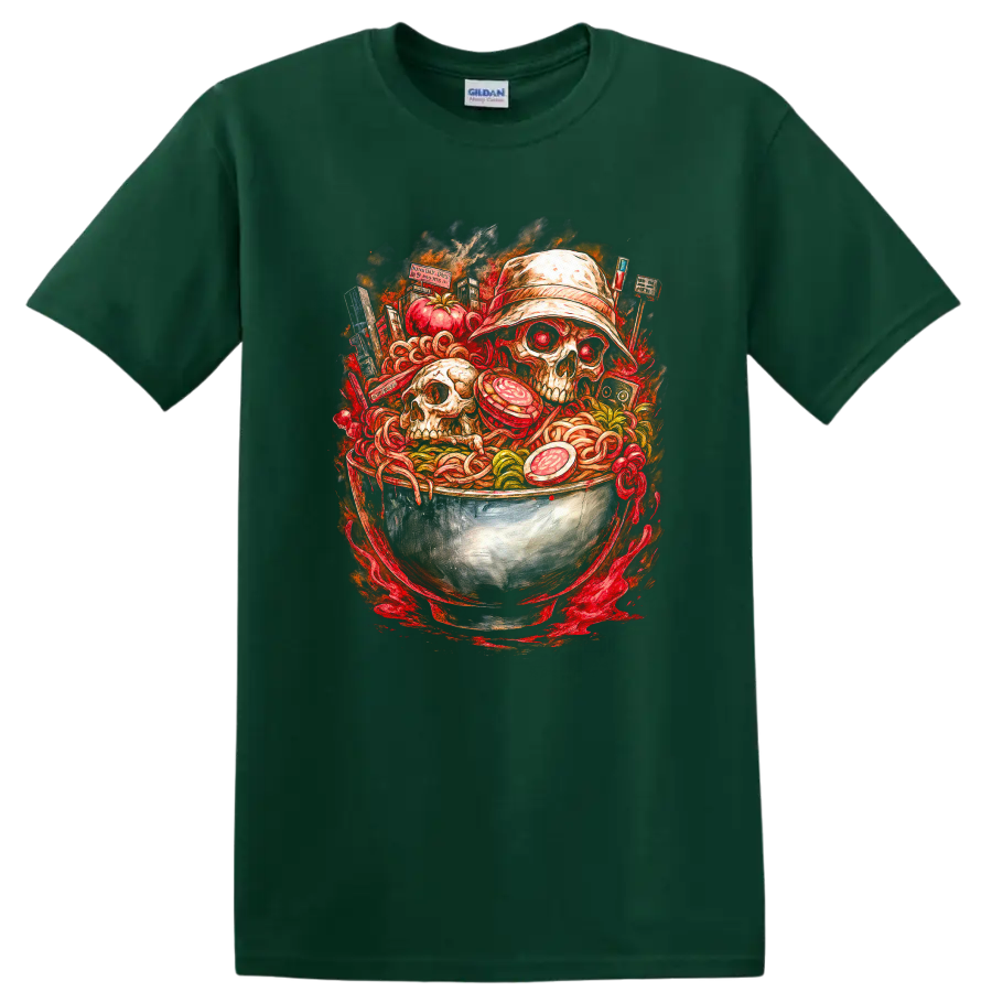 Japanese Style Skull Ramen Bowl Art T Shirt for Streetwear Fans - Forest Green