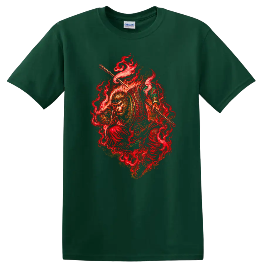 Fiery Monkey Warrior Japanese Style Graphic T Shirt for Martial Arts Fans - Forest Green