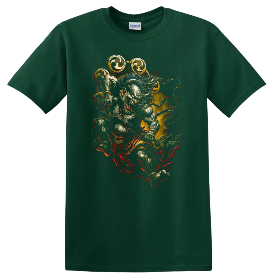 Japanese Style Oni Warrior T Shirt Dramatic Fire Art Graphic - Forest Green