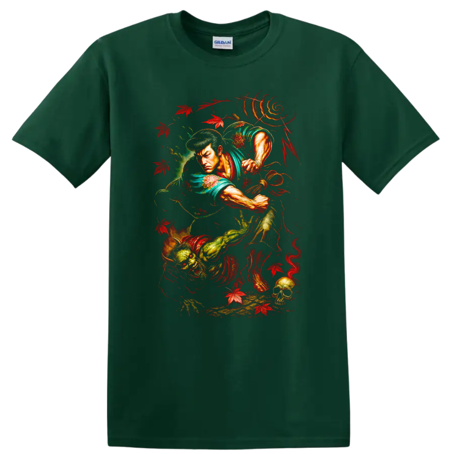 Japanese Samurai Warrior Dragon T Shirt Bold Vintage Anime Style - Forest Green