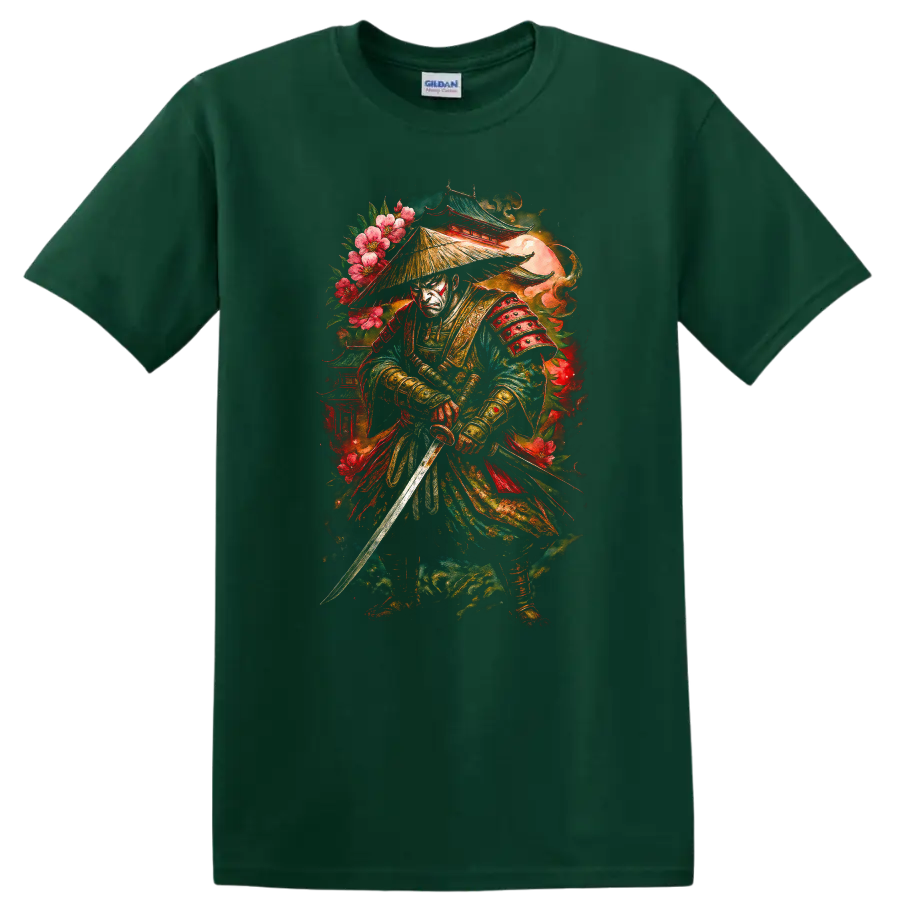 Japanese Samurai Warrior T Shirt with Floral Armor and Katana - Forest Green