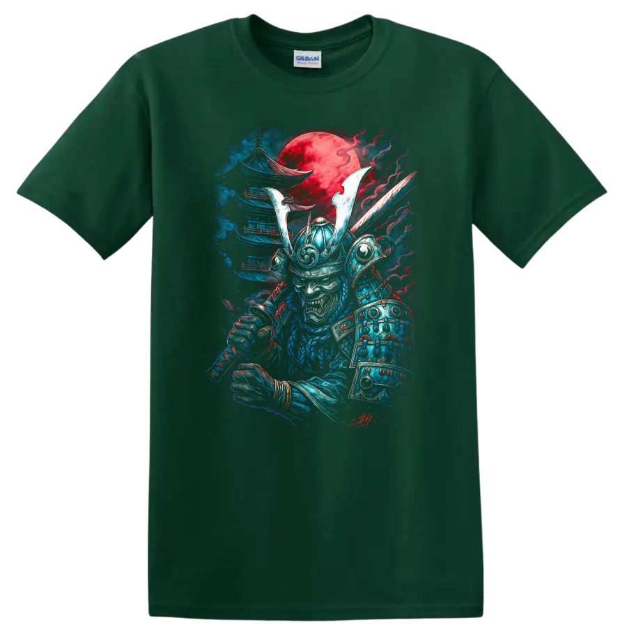 Japanese Samurai Oni Warrior T Shirt with Red Moon Samurai Art - Forest Green
