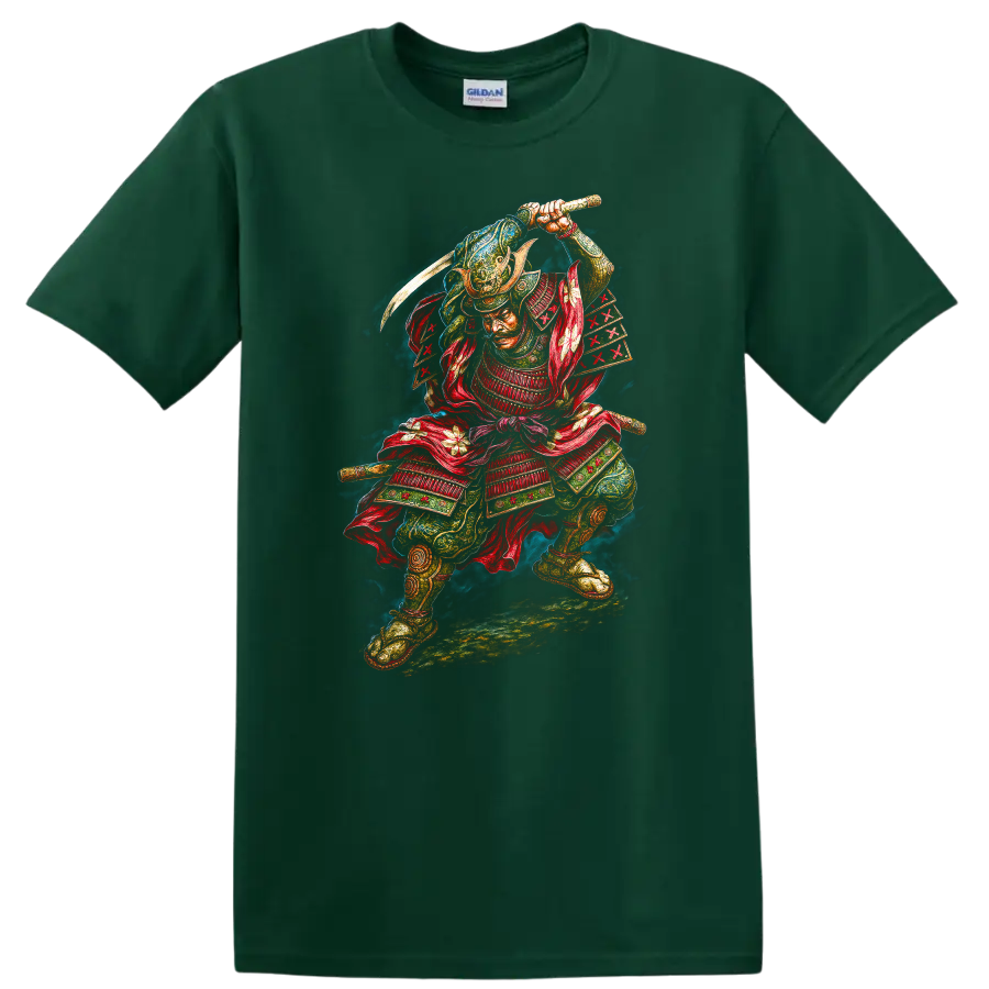Japanese Samurai Warrior T Shirt Fierce Samurai Sword Art - Forest Green
