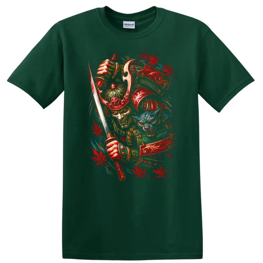 Japanese Samurai Mask T Shirt Red Dragon Warrior Graphic Tee - Forest Green