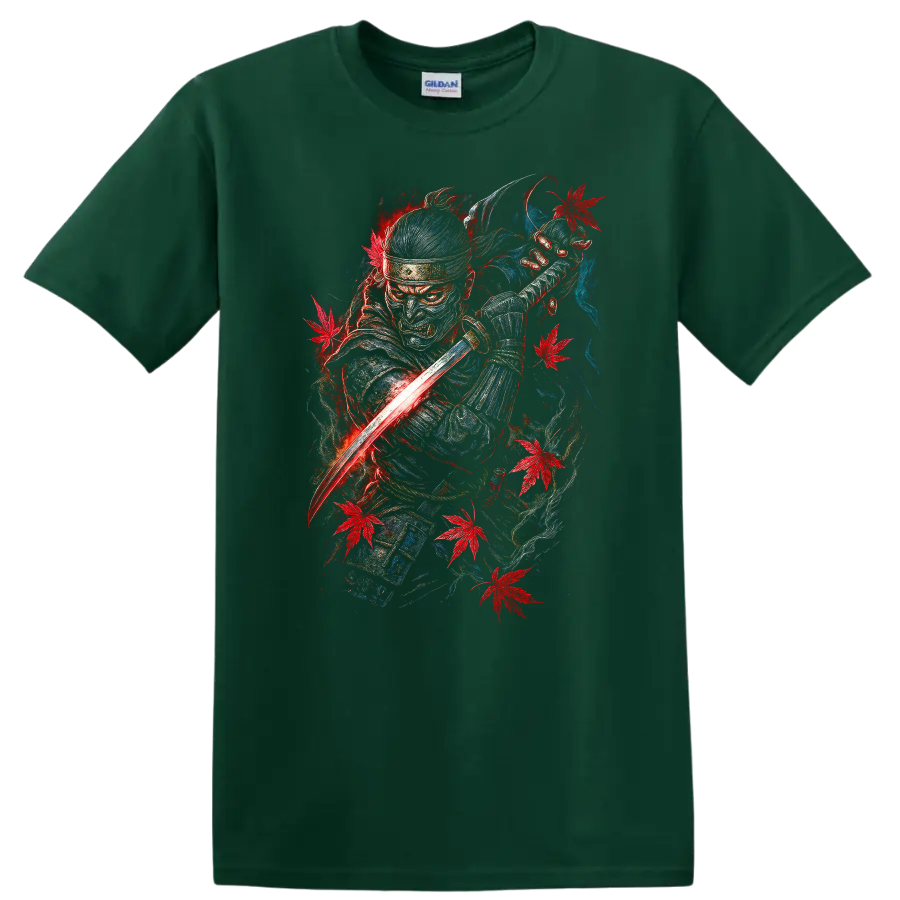 Japanese Samurai Warrior T Shirt Red Blue Maple Leaf Katana Art - Forest Green