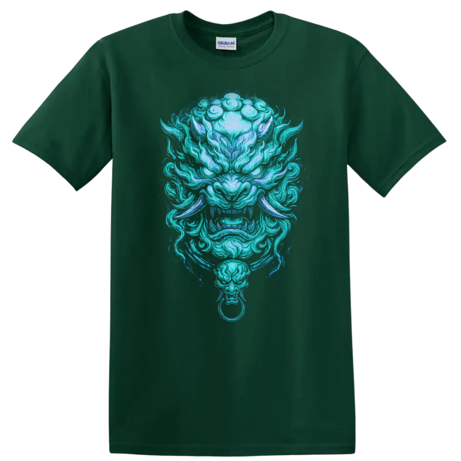 Japanese Oni Mask Dragon Spirit T Shirt for Anime and Streetwear - Forest Green
