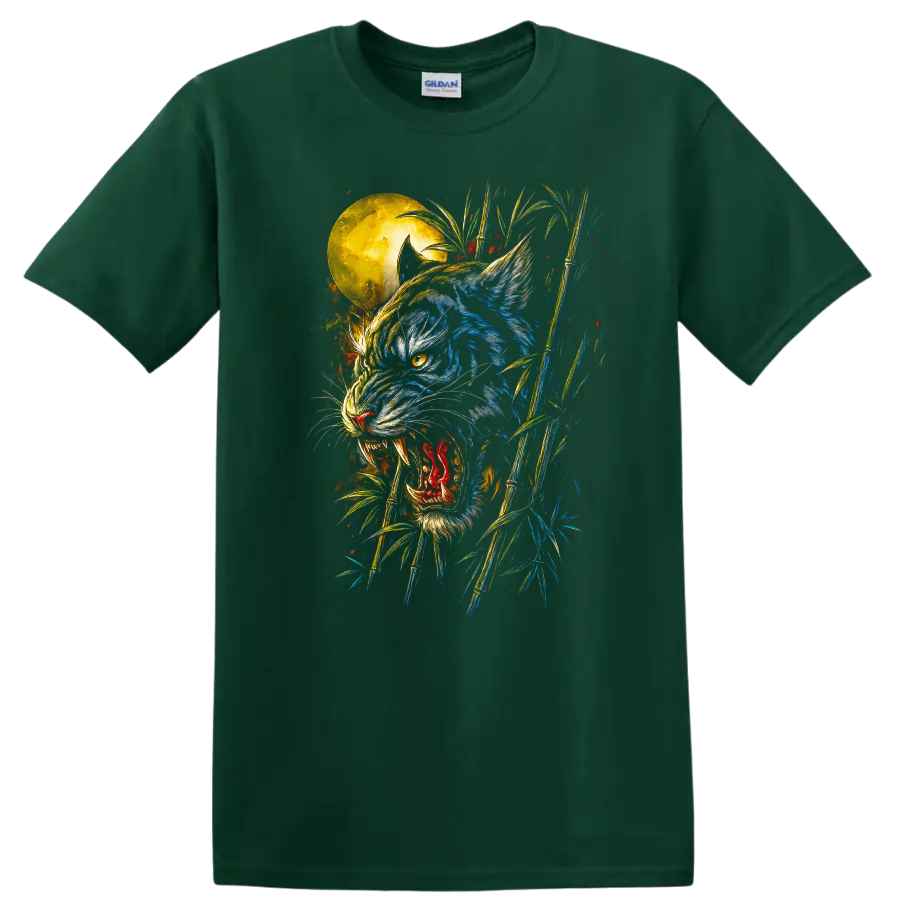 Japanese Style Blue Tiger Moon Bamboo T Shirt for Bold Streetwear - Forest Green