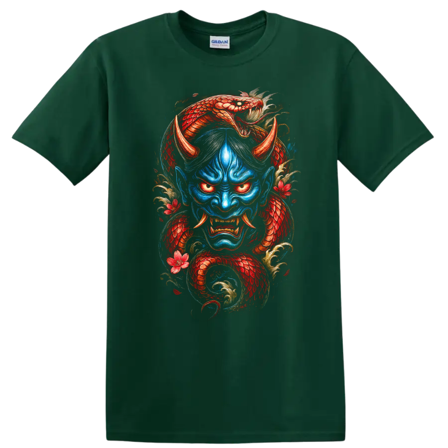 Japanese Demon Dragon Mask Art T Shirt Vintage Samurai Style - Forest Green