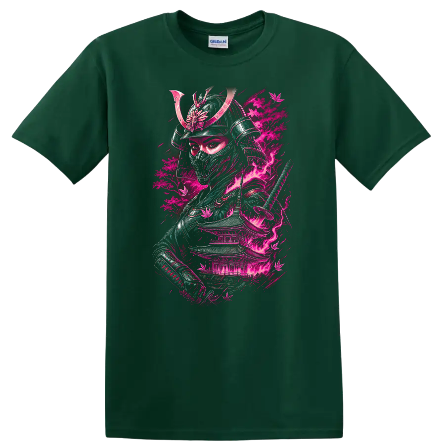 Japanese Samurai Warrior Neon Pink Graphic T Shirt for Bold Streetwear - Forest Green
