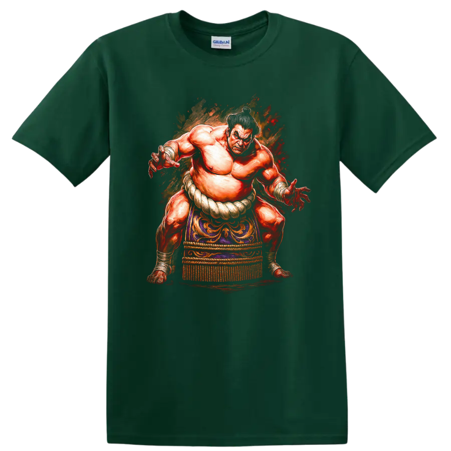 Japanese Sumo Wrestler Watercolor T Shirt Bold Traditional Style - Forest Green