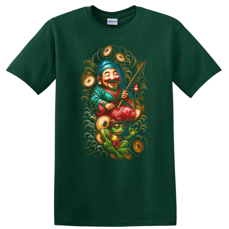 Japanese Style Fisherman and Frog T Shirt with Lucky Koi Art - Forest Green