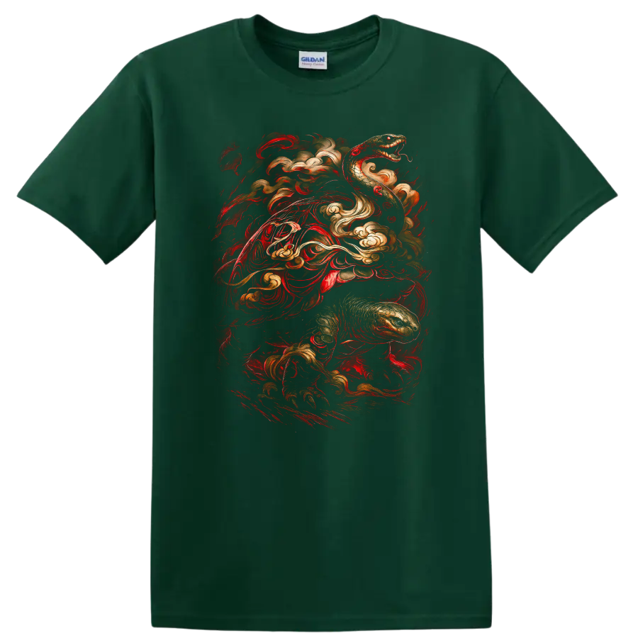 Japanese Style Dragon Snake Swirl Art T Shirt for Bold Streetwear - Forest Green