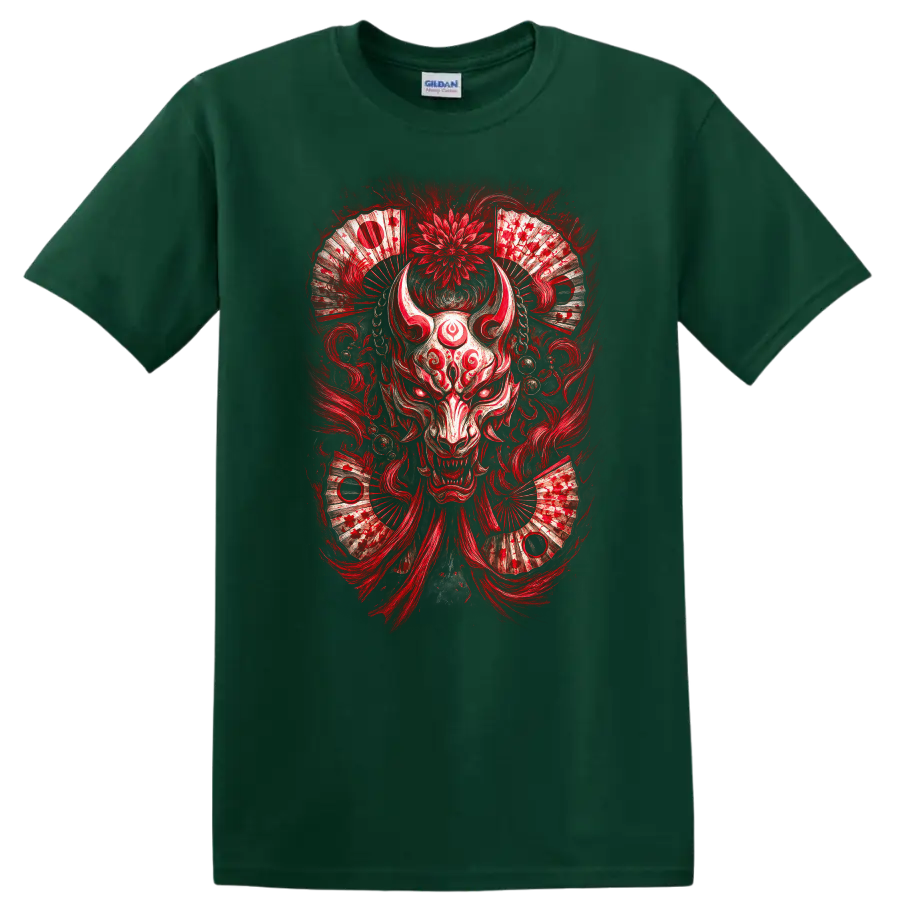 Japanese Oni Mask Red Samurai Demon Art T Shirt on a Forest Green T Shirt