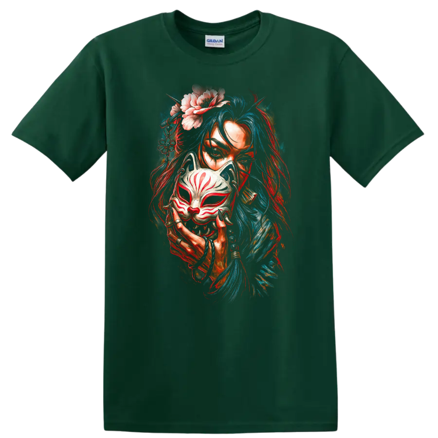 Japanese Style Woman Fox Mask Floral Art T Shirt Colorful Mystic Design - Forest Green