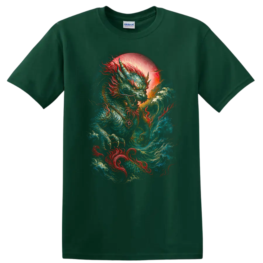 Japanese Dragon Wave Art T Shirt Bold Mythic Samurai Style - Forest Green