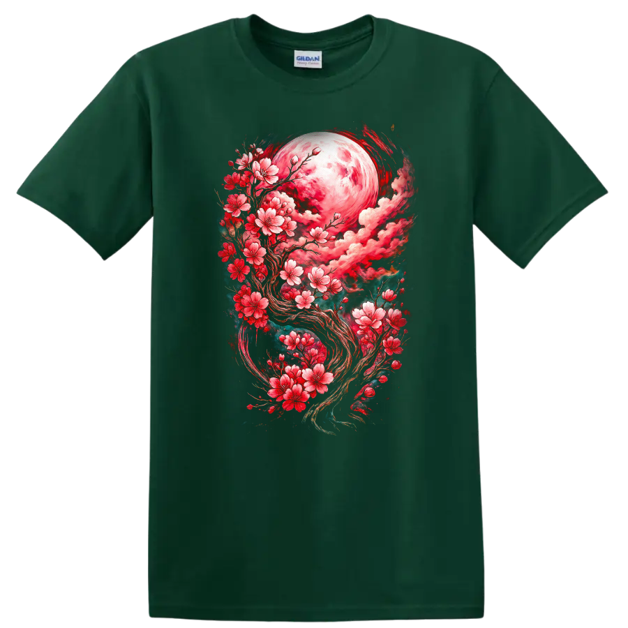 Japanese Style Cherry Blossom Moon T Shirt Floral Fantasy - Forest Green