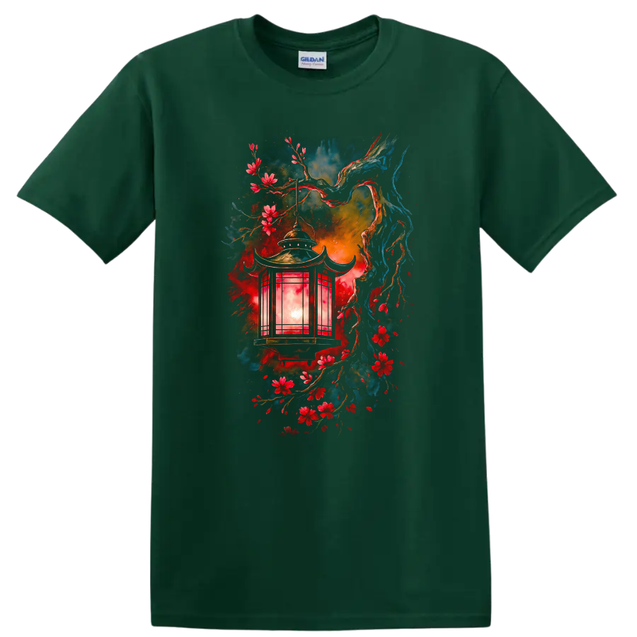 Japanese Style Lantern and Cherry Blossoms Watercolor T Shirt - Forest Green
