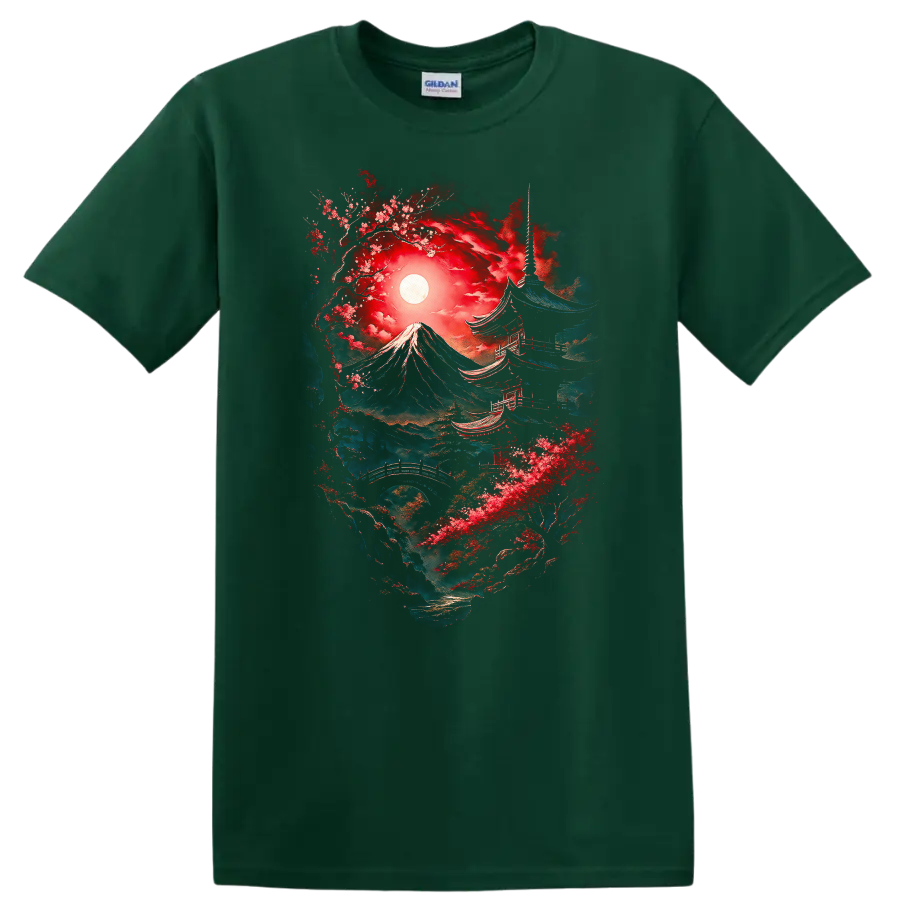 Japanese Style Mount Fuji and Pagoda Art T Shirt for Nature Lovers - Forest Green