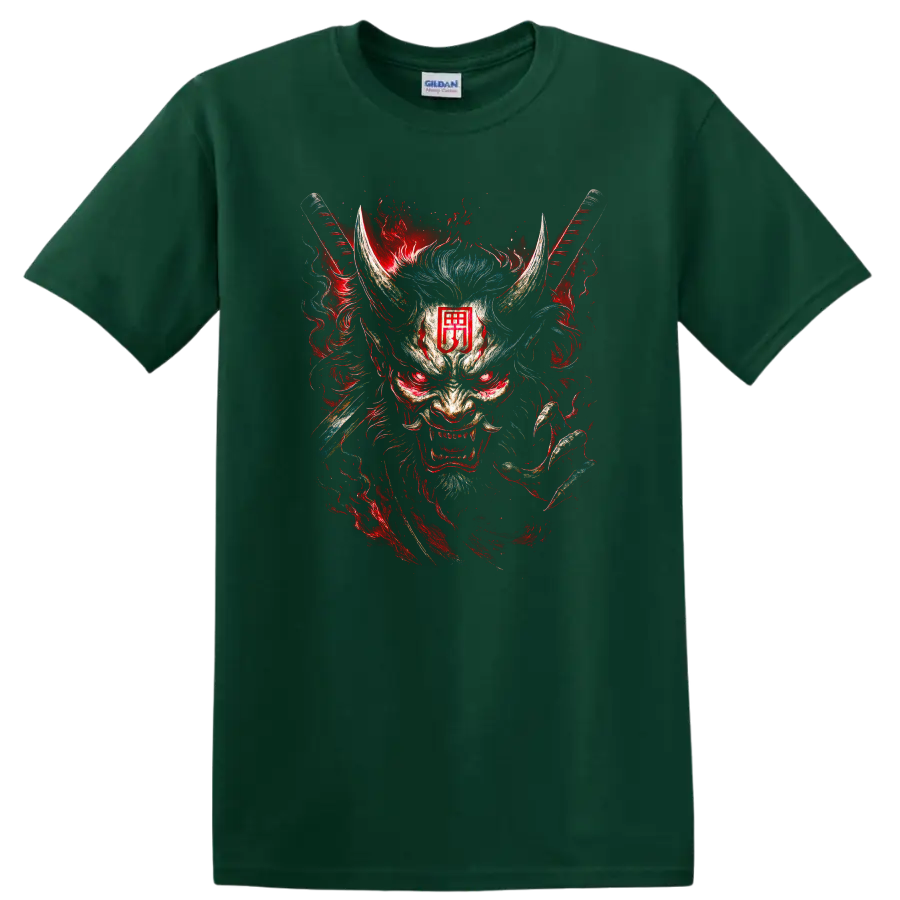 Japanese Oni Mask Samurai Dragon Art T Shirt for Men and Women - Forest Green