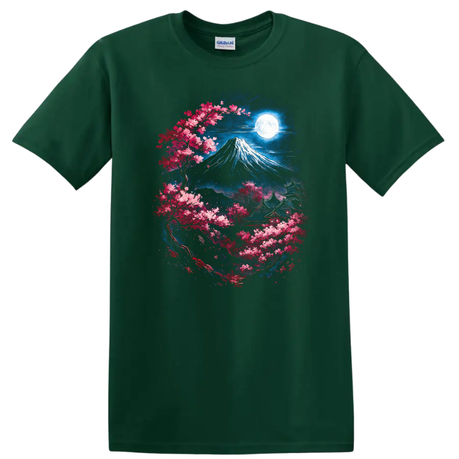 Japanese Style Mount Fuji Sakura Moon Night T Shirt - Forest Green