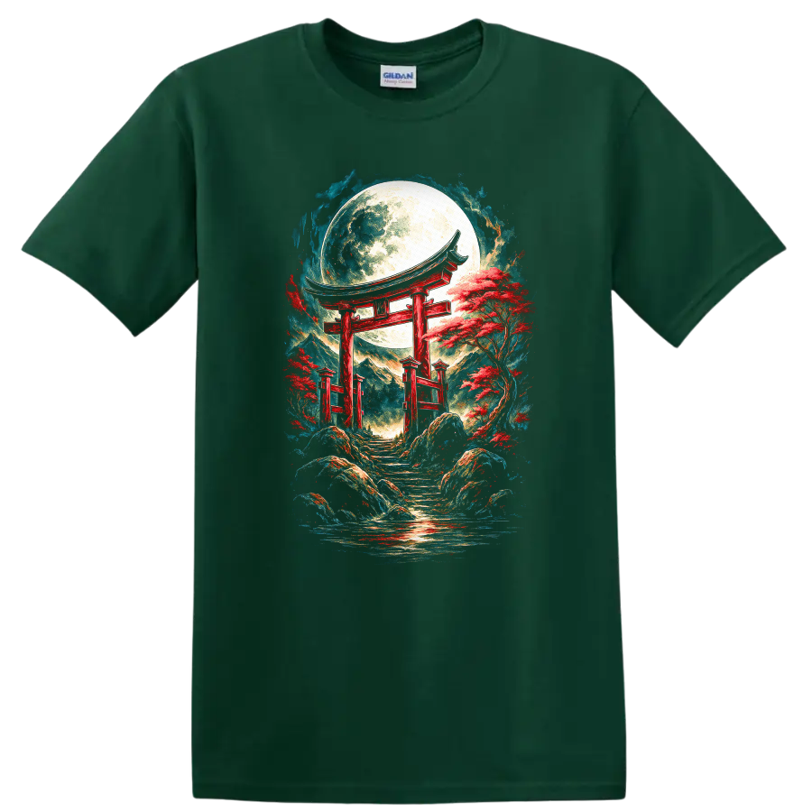 Japanese Torii Moon T Shirt Red Temple Garden Art Tee - Forest Green