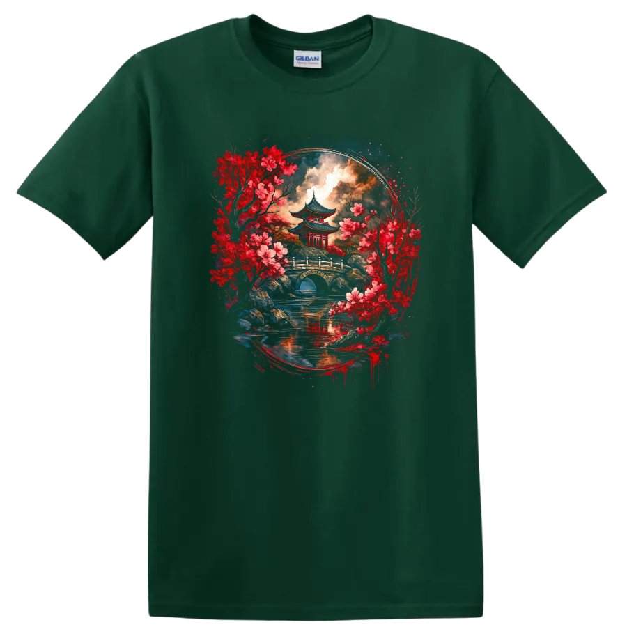 Japanese Pagoda Cherry Blossom Landscape T Shirt for Zen Art Lovers - Forest Green