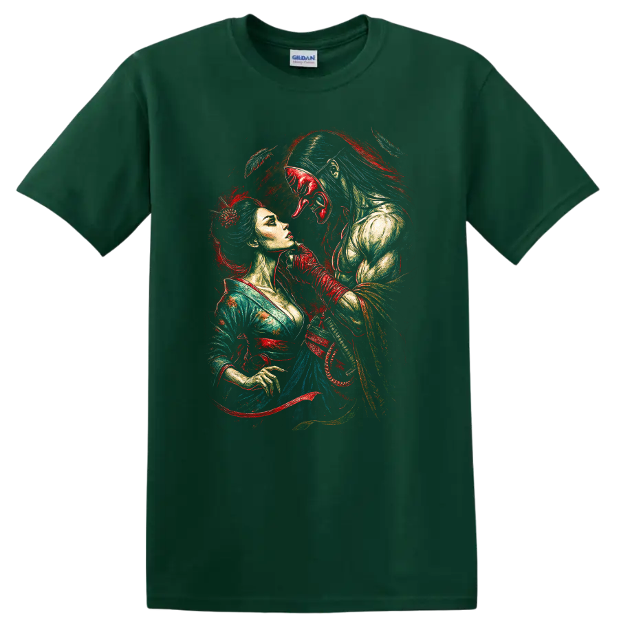 Japanese Style Samurai Woman and Shogun Mask Art T Shirt - Forest Green