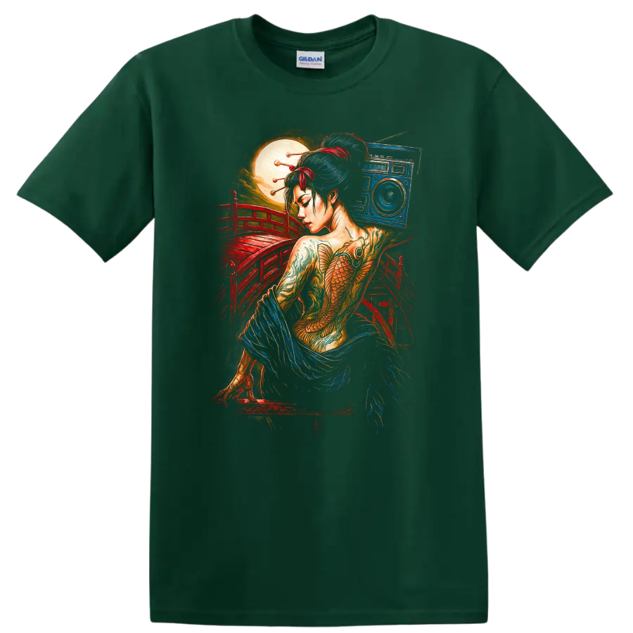 Japanese Geisha Fish Tattoo Art T Shirt with Red Bridge and Moon - Forest Green