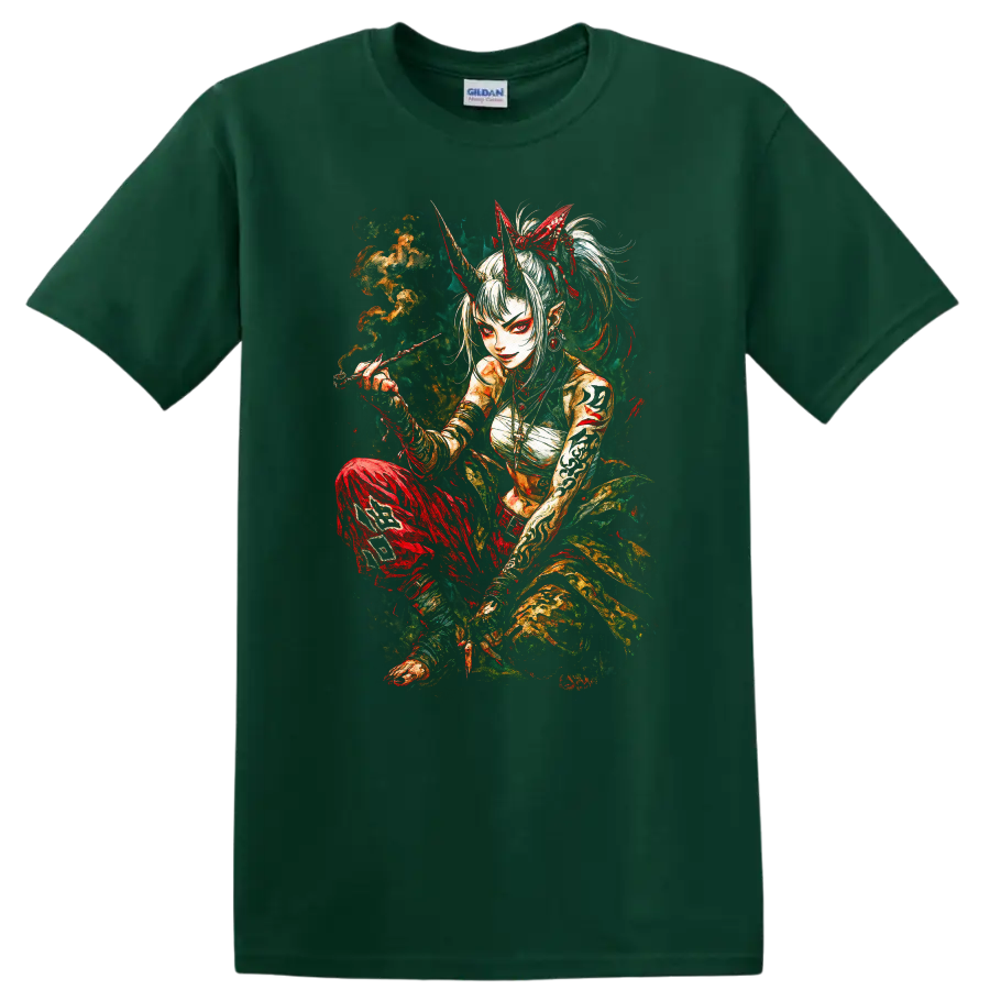 Japanese Oni Demon Girl Samurai Art T Shirt for Anime Style Fans - Forest Green