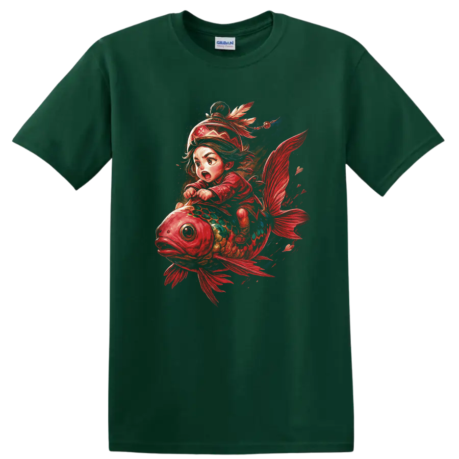 Japanese Style Koi Fish Rider Fantasy Art T Shirt - Forest Green