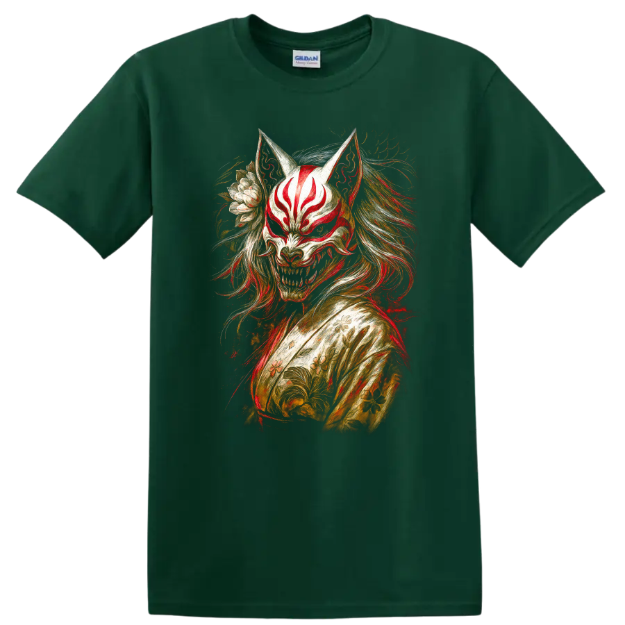 Japanese Fox Mask Oni Style T Shirt with Floral Samurai Art - Forest Green